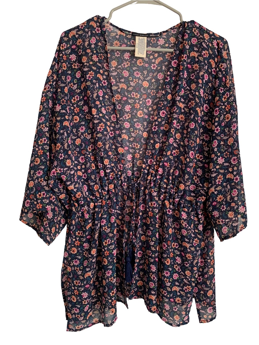LUCKY BRAND Navy Blue Floral Draw String Tassel Kimono